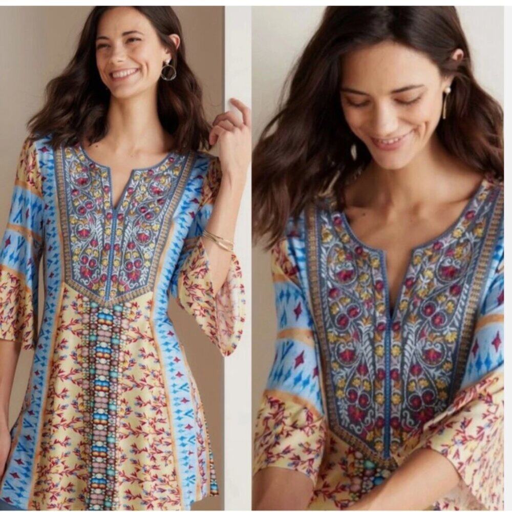 Soft Surroundings Fifi Tunic Top XL Embroidered Mixed Print Bell Sleeve Floral